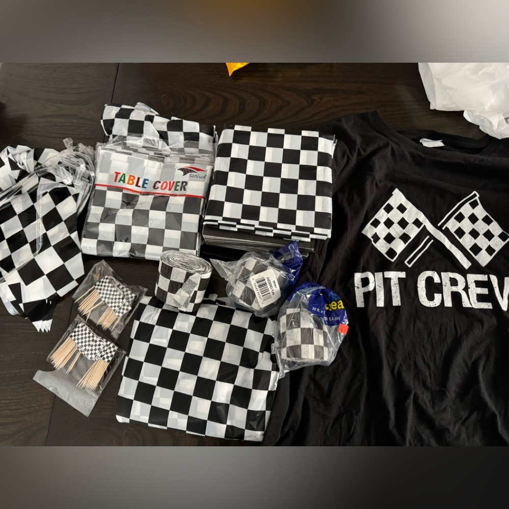 Racecar Black and White Checkered Party Supplies Packet:Shirt,Napkins,Tablecloth